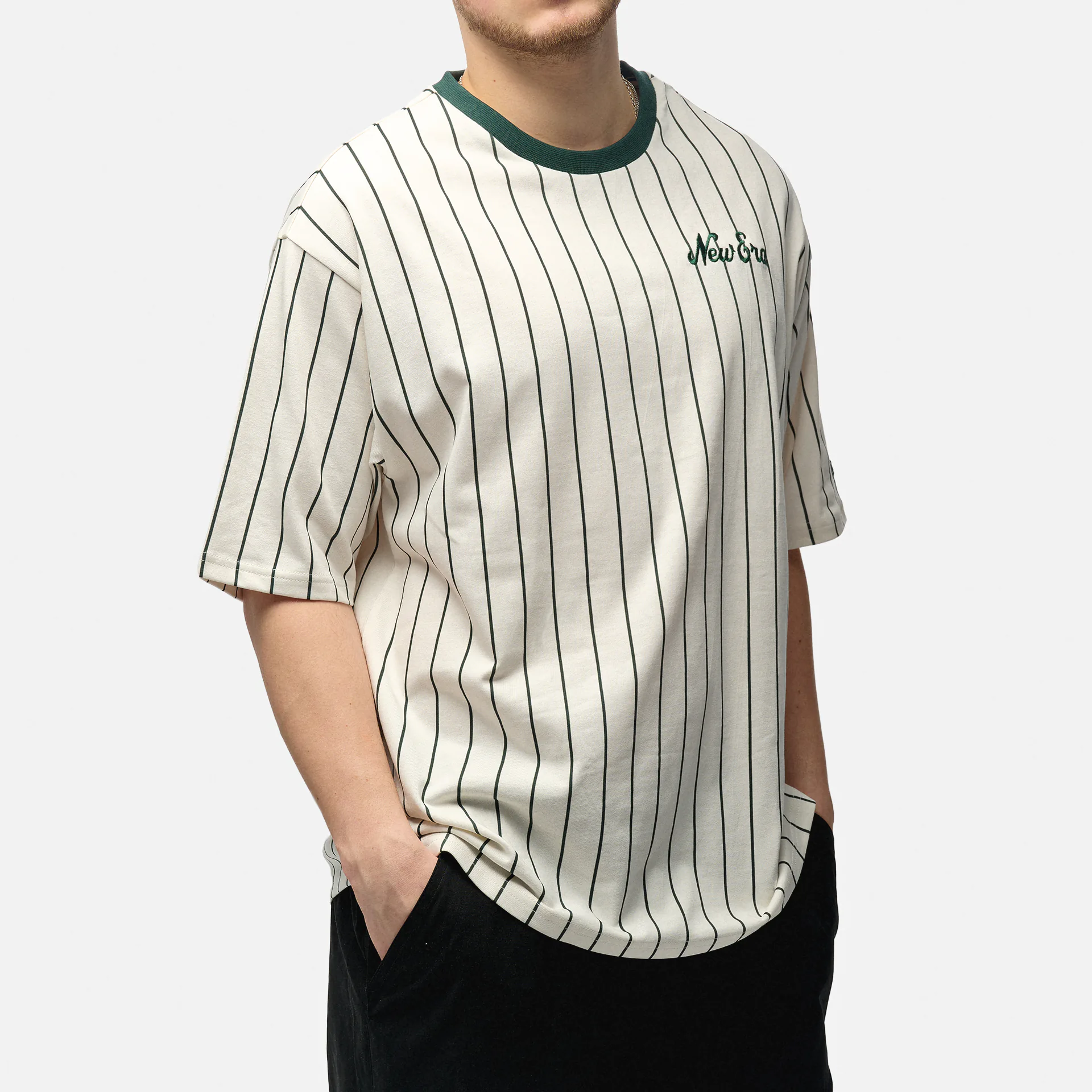 New Era Pinstripe Oversize T-Shirt Off White/Dark Green